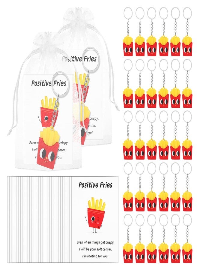 DONQTWAY 30 Sets Positive Fries Keychain Set Fries Funny Keychain with Positive Card Organza Bag Employee Appreciation Gifts Bulk for Motivational gifts Staff Teacher Student Christmas Party Favors - Image 1